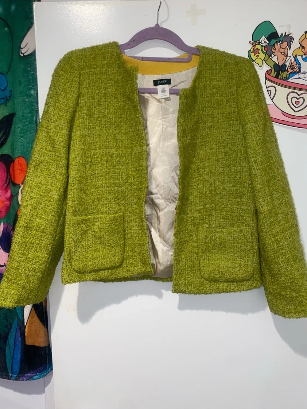 J.Crew Lime Green Wool Blend Tweed Open Front Blazer Jacket Size 2